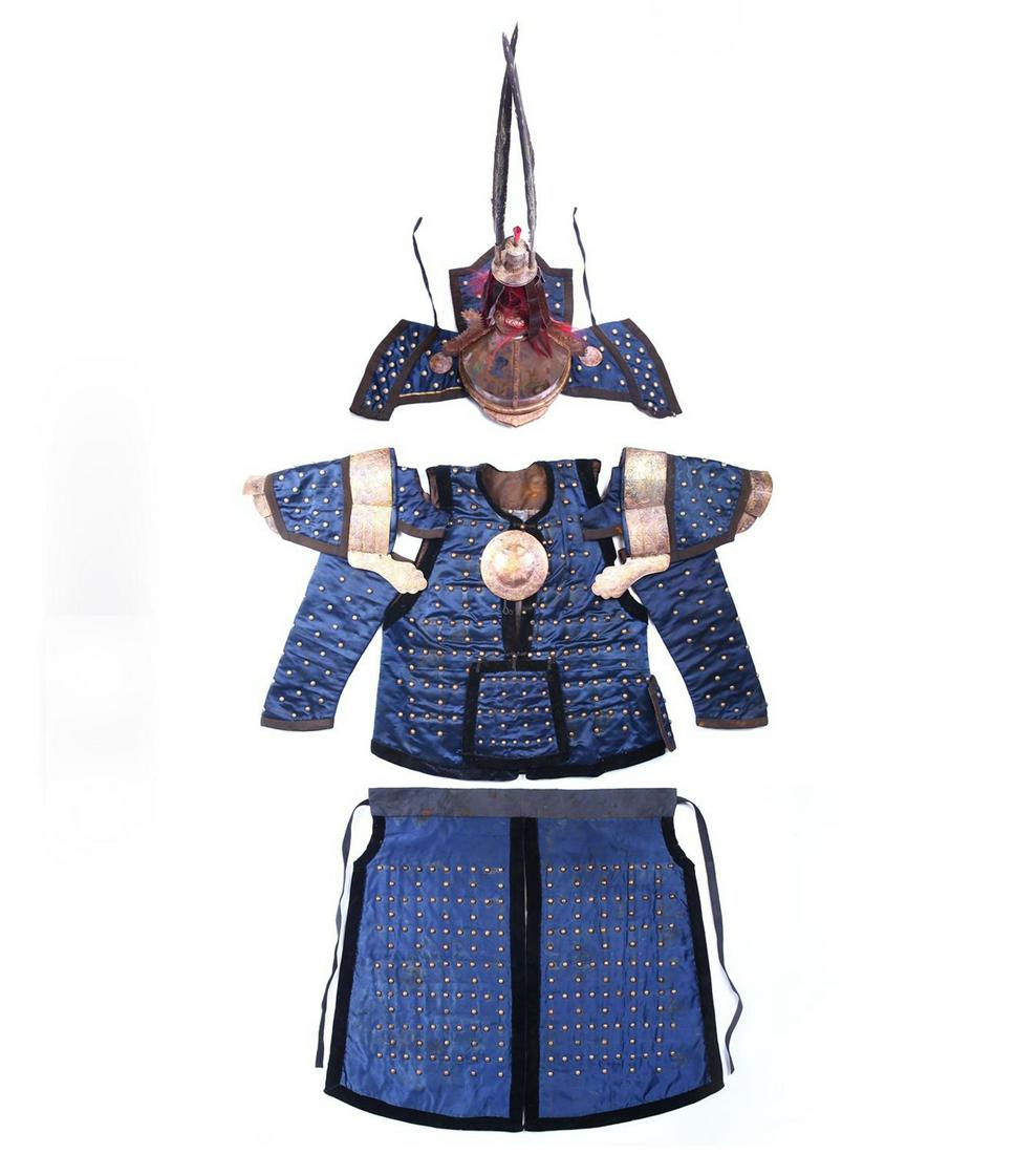 CHINESE SILK ARMOR SUIT: CHINESE SILK ARMOR SUIT, Case 82.5 x 53 x 40.5cm; hat 29 x 49.8cm excluding feather; top 70.5cm high; skirt 81cm high.