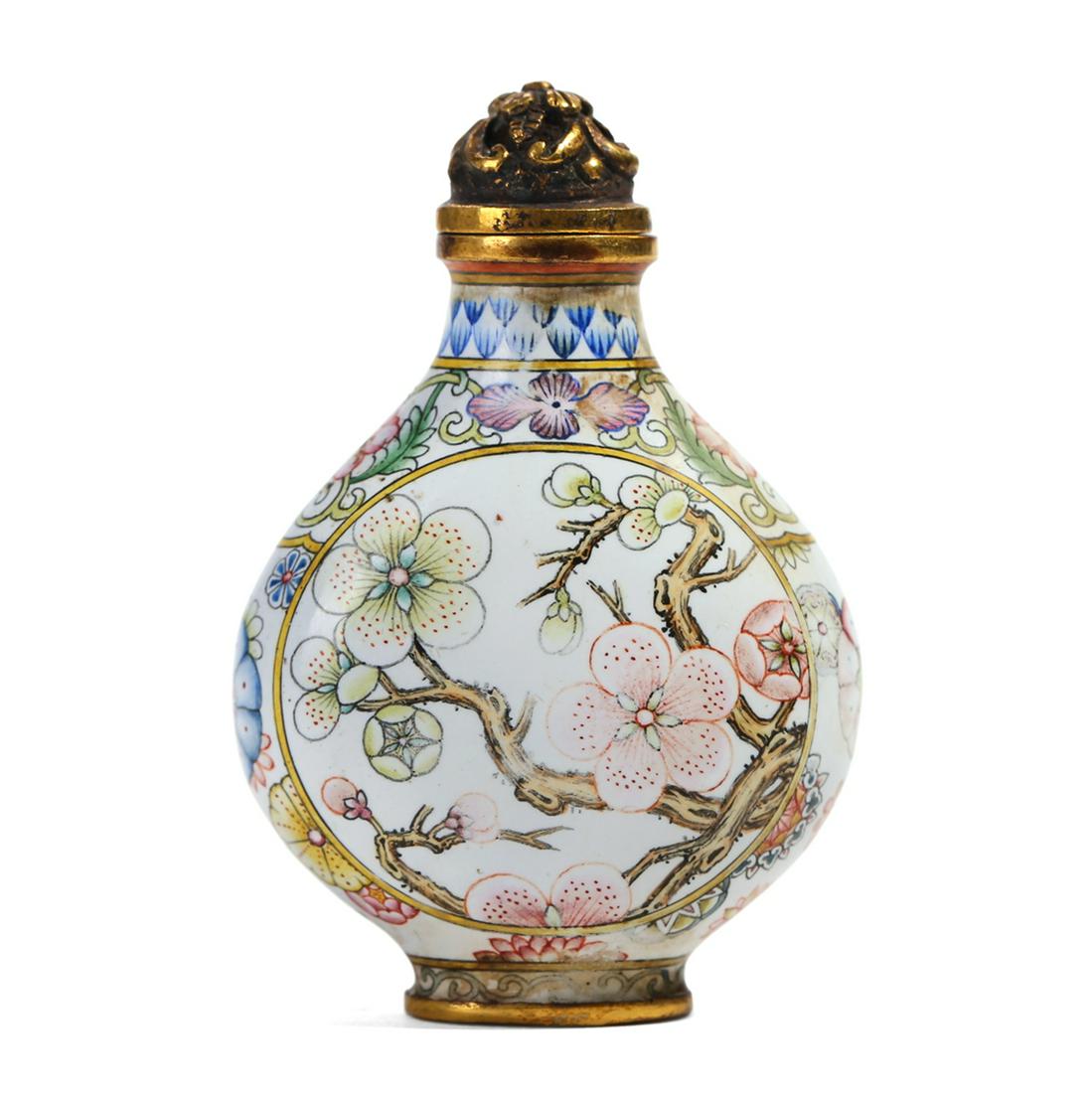 A CHINESE BRONZE ENAMEL FLORAL SNUFF BOTTLE (1 of 7)