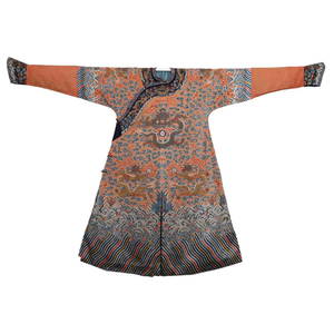 AN ORANGE GROUND 'DRAGONS' EMBROIDERED ROBE