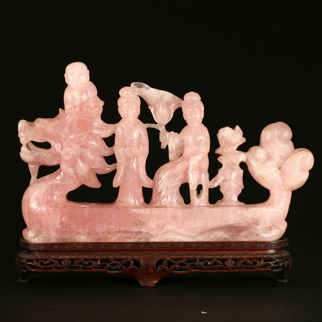 A ROSE QUARTZ CARVING OF FIGURES ON A DRAGON BOAT (1 of 8)