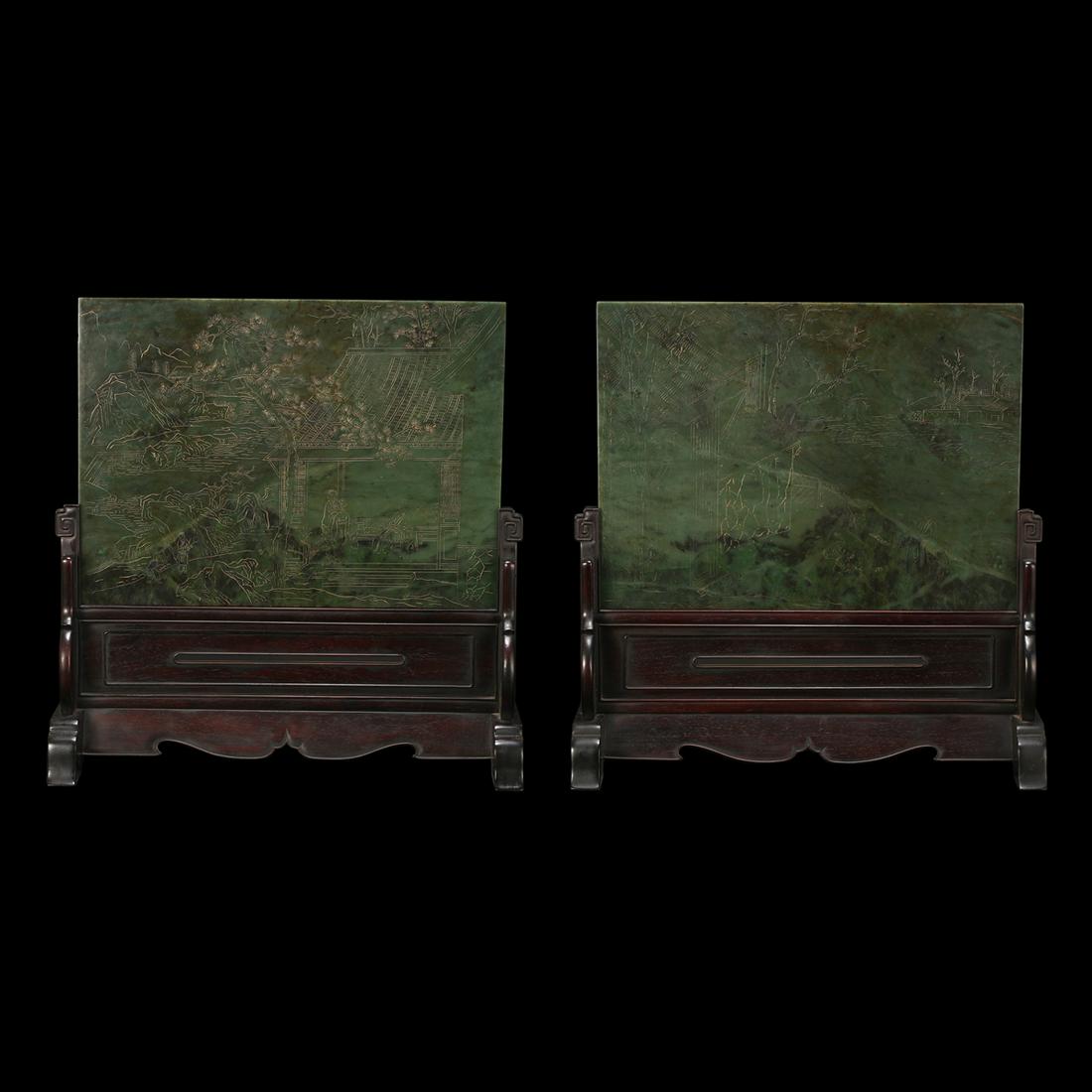 A PAIR OF SPINACH GREEN JADE 'LANDSCAPES AND FIGURES' TABLESCREENS ON STANDS (1 of 17)