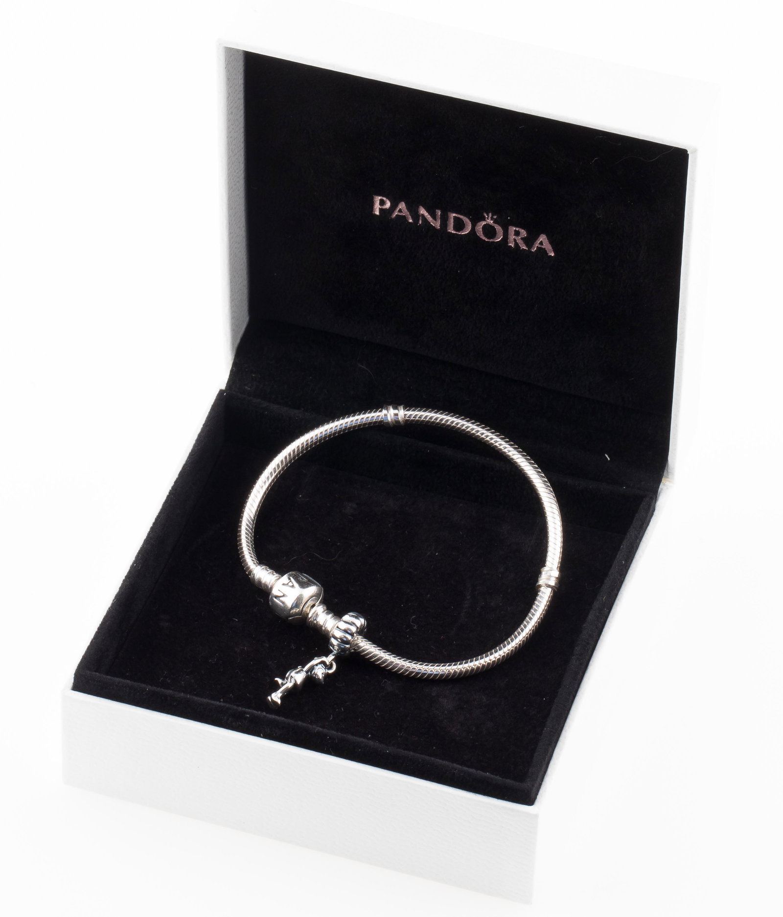 PANDORA STERLING SILVER 7" BRACELET WITH CHARM: PANDORA STERLING SILVER 7" BRACELET WITH CHARM Pandora designer sterling silver snake chain bracelet with monkey charm. Size: 7" Weight: 16.9 grams