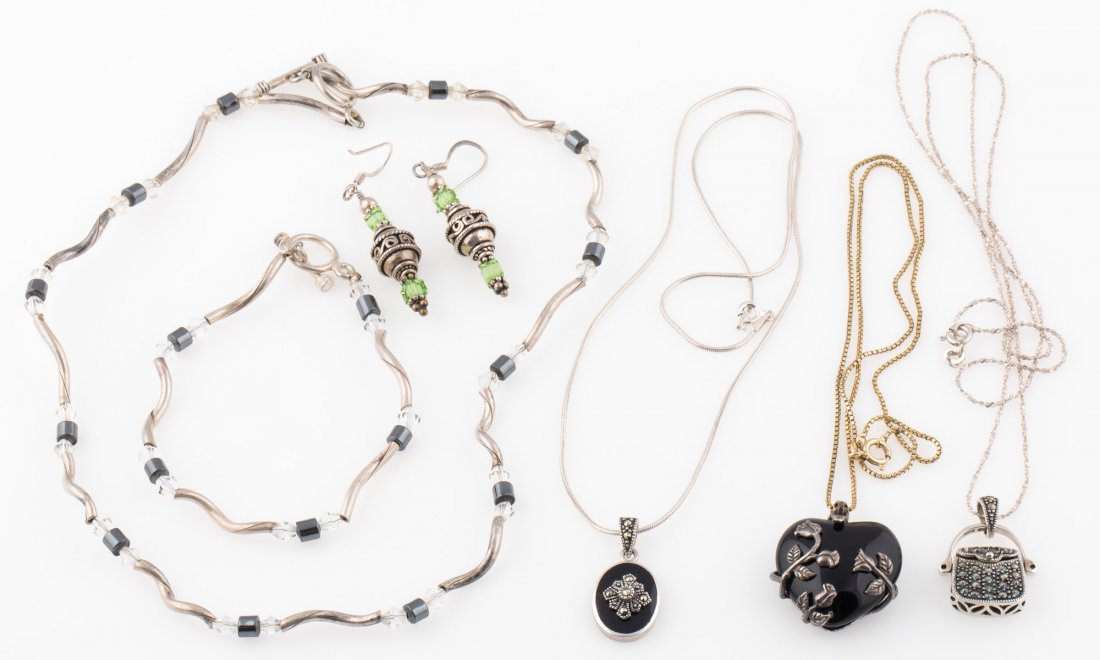 STERLING SILVER NECKLACES, BRACELET AND EARRINGS: STERLING SILVER NECKLACES, BRACELET AND EARRINGS Sterling silver jewelry including: Four necklaces: two with onyx stones, two with marcasite and one with hematite. One bracelet with hematite One pair 