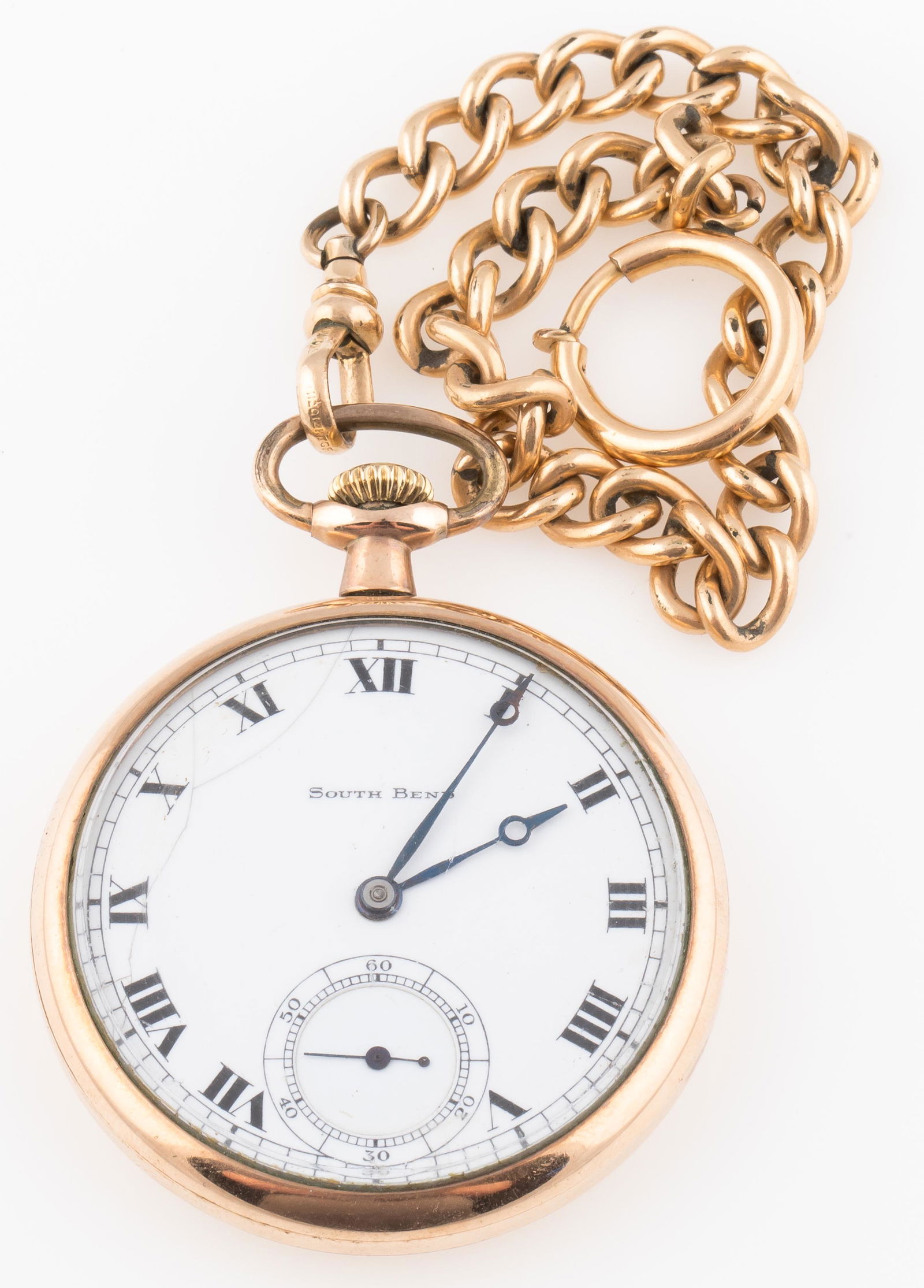 MEN'S SOUTH BEND DOUBLE ROLLER GOLD FILLED POCKET WATCH: MEN'S SOUTH BEND DOUBLE ROLLER GOLD FILLED POCKET WATCH Men's South Bend 14K yellow gold filled case pocket watch. White porcelain Roman numeral dial, blued steel breguet hands, and sub second dial at