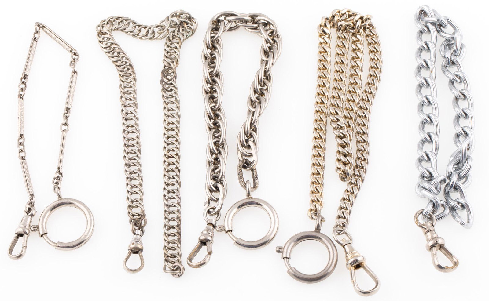 WHITE METAL POCKET WATCH CHAIN FOBS - LOT OF 5: WHITE METAL POCKET WATCH CHAIN FOBS - LOT OF 5 Lot of five antique white metal pocket watch chain link fobs, varied styles.Size: 7.25 to 14"Weight: 69.8 grams total