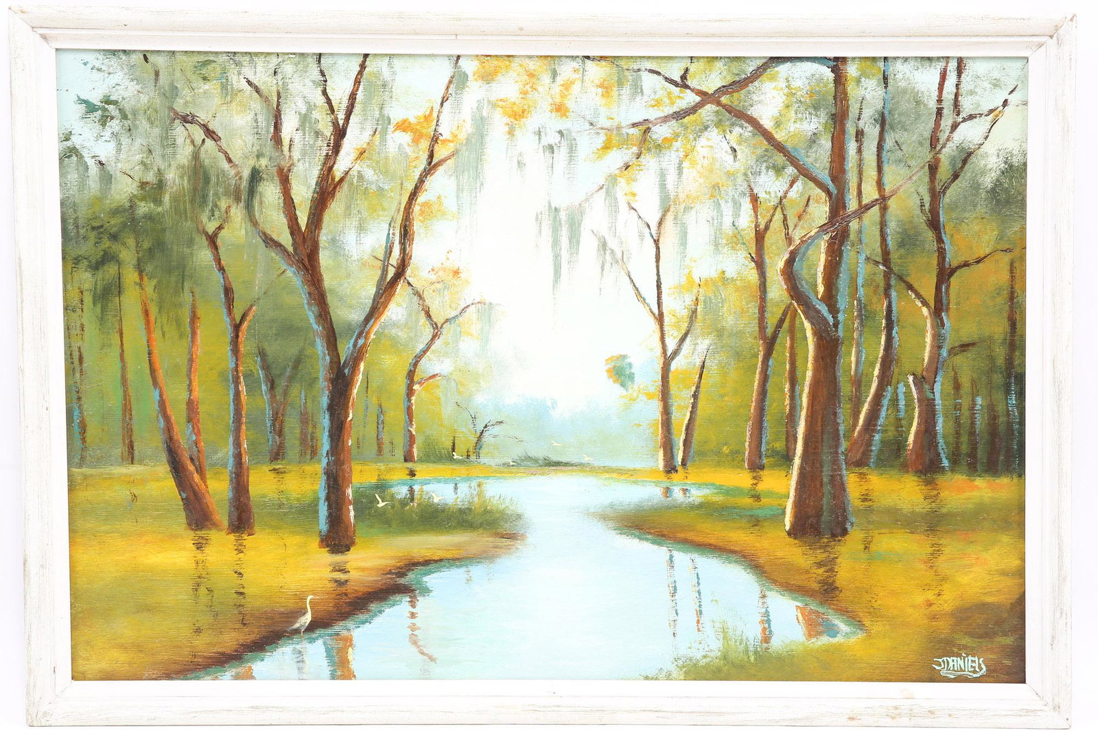 JOHNNY DANIELS FLORIDA HIGHWAYMEN RIVER SCENE: JOHNNY DANIELS FLORIDA HIGHWAYMEN RIVER SCENE Johnny Daniels (1954-2009), Florida Highwaymen, oil on board, depicting a quiet river scene. Signed "J. Daniels" lower right, set in original wood frame. 
