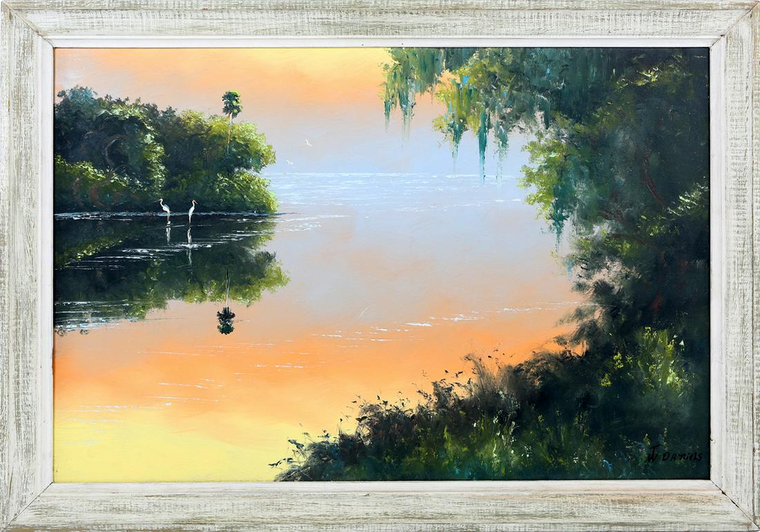 1960s JOHNNY DANIELS FLORIDA HIGHWAYMEN WETLAND SCENE: 1960s JOHNNY DANIELS FLORIDA HIGHWAYMEN WETLAND SCENE Johnny Daniels (American, b. 1954), Florida Highwaymen, oil on Upson board depicting a wetland scene with egret, early 1960's, set in original woo
