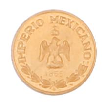 1865 B IMPERIAL MEXICO SMALL GOLD COIN: 1865 B IMPERIAL MEXICO SMALL GOLD COIN Small denomination one peso Mexican gold coin, 1865 Maximilian. Weight: .5 grams