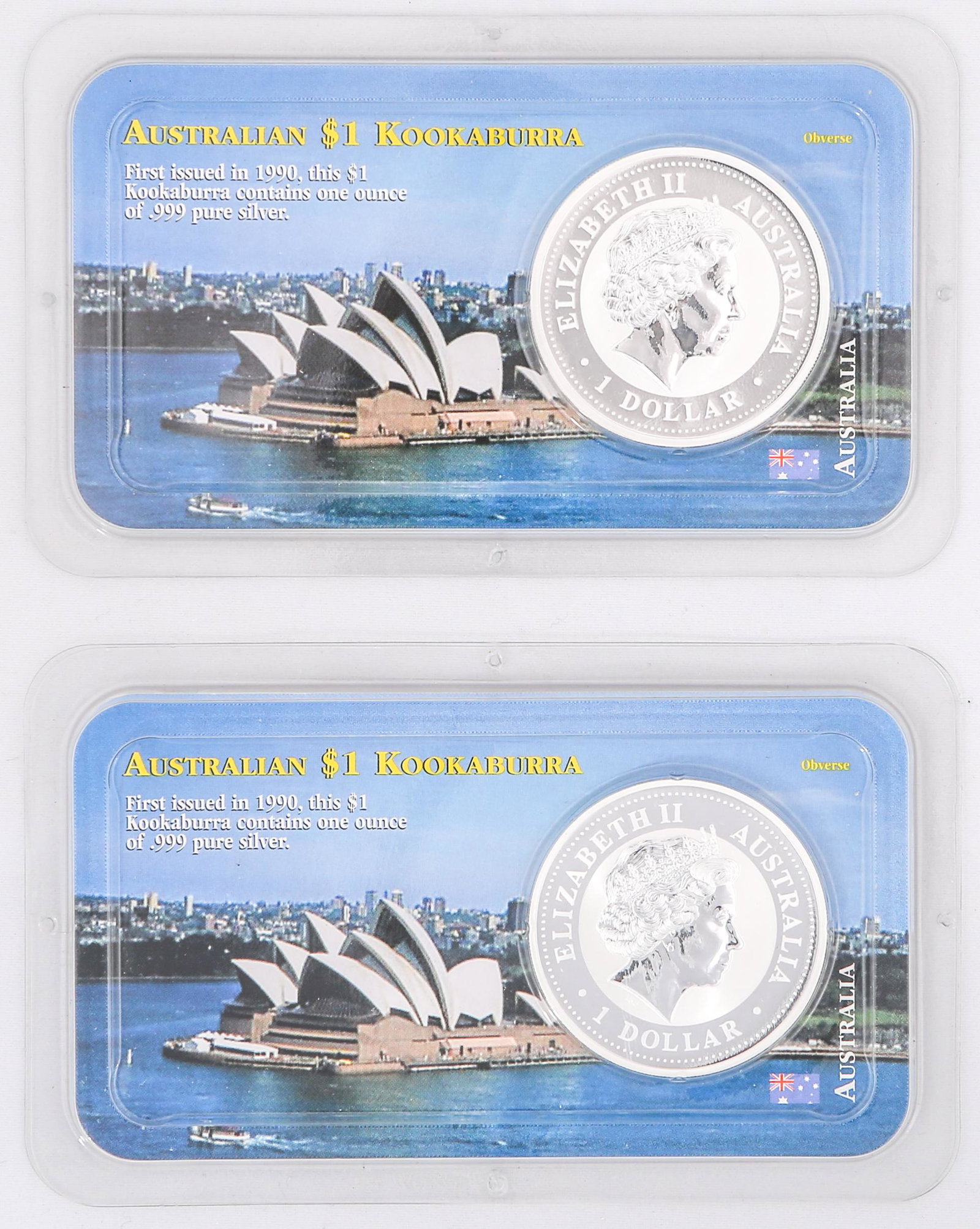 2001 AUSTRALIAN KOOKABURRA 1 OZ COINS - LOT OF 2: 2001 AUSTRALIAN KOOKABURRA 1 OZ COINS - LOT OF 2 Lot of 2 Australian one dollar Kookaburra, each minted in the year 2001. Struck in one ounce fine silver and set in Littleton Coin Co. casing.