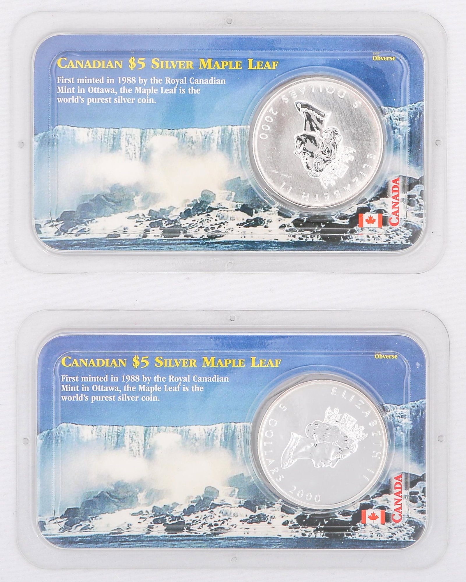 2000 LITTLETON CANADIAN SILVER 1 OZ COINS - LOT OF 2: 2000 LITTLETON CANADIAN SILVER 1 OZ COINS - LOT OF 2 Lot of 2 Canadian five dollar Maple Leaf, each minted in the year 2000. Struck in one ounce fine silver and set in Littleton Coin Co. casing.