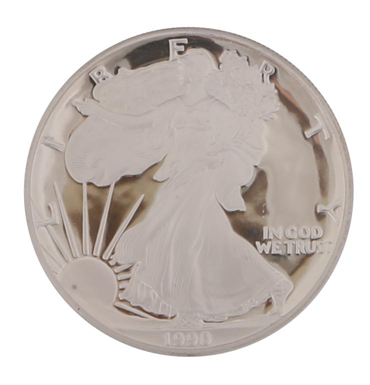 1990 PROOF AMERICAN SILVER EAGLE 1 OZ COIN: 1990 PROOF AMERICAN SILVER EAGLE 1 OZ COIN 1990 United States proof .999 fine silver one ounce coin, accompanied by original box and paperwork.