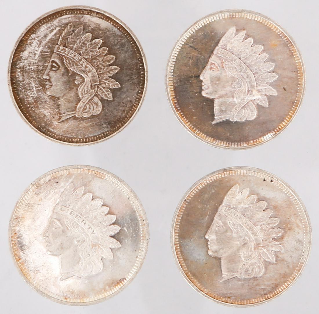 INDIAN HEAD PROOF .999 FINE SILVER ROUNDS - LOT OF 4: INDIAN HEAD PROOF .999 FINE SILVER ROUNDS - LOT OF 4 Proof troy one ounce bullion rounds in the pattern of a US Indian Head Penny, struck in .999 fine silver.