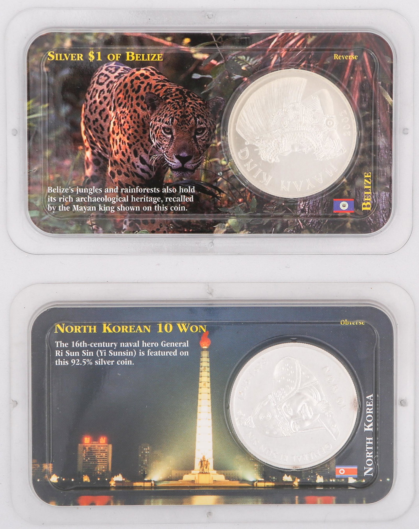 LITTLETON KOREA & BELIZE 1 OZ SILVER COINS - LOT OF 2: LITTLETON KOREA & BELIZE 1 OZ SILVER COINS - LOT OF 2 Lot of two one ounce silver coins, one North Korean 10 Won and silver Belize one dollar. Struck in one ounce fine silver and set in Littleton Coin