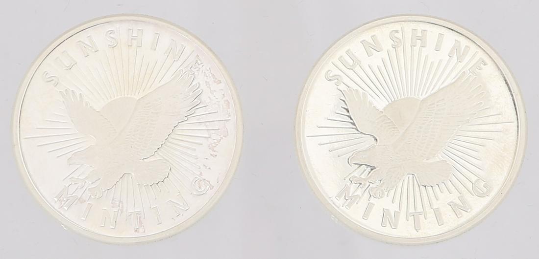 SUNSHINE MINTING EAGLE ONE OZ. SILVER ROUNDS - LOT OF 2: SUNSHINE MINTING EAGLE ONE OZ. SILVER ROUNDS - LOT OF 2 Lot of two bullion silver eagle one ounce coins struck in .999 fine silver.