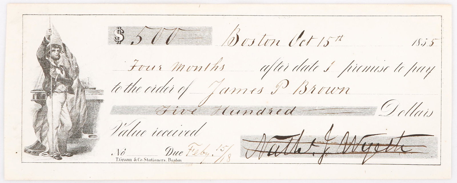 1855 CHECK SIGNED BY NATHANIEL J. WYETH: 1855 CHECK SIGNED BY NATHANIEL J. WYETH Check signed by Nathaniel J. Wyeth in Boston, October 15, 1855. Paid to James P. Brown.
