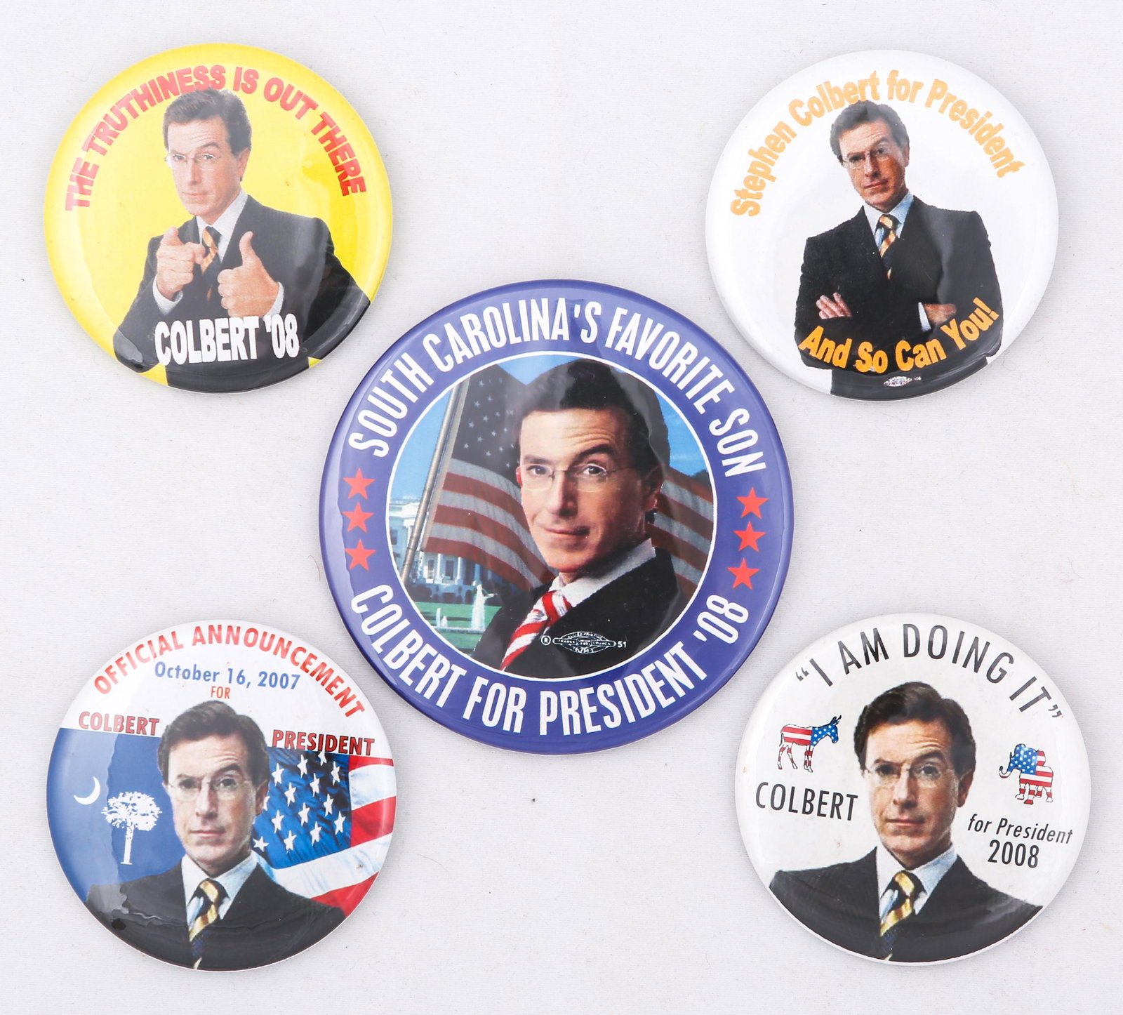 PRESIDENTIAL CAMPAIGN BUTTONS - STEPHEN COLBERT 2008: PRESIDENTIAL CAMPAIGN BUTTONS - STEPHEN COLBERT 2008 Lot of five campaign buttons for television host Stephen Colbert 2008 presidential run. Size: Varied