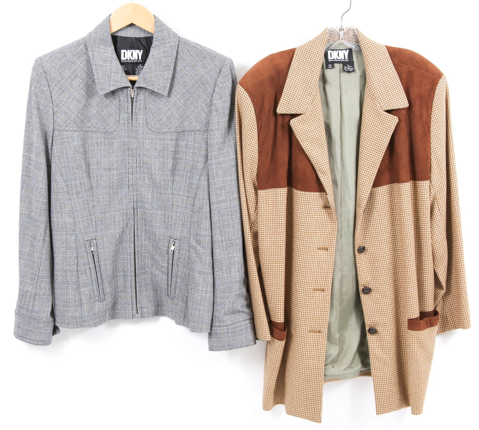 WOMEN'S DKNY BLAZERS - LOT OF 2: WOMEN'S DKNY BLAZERS - LOT OF 2 Two women's DKNY blazers, includes: Size 12; black, white and blue houndstooth; neck to hemline 28"; 17.5" shoulder to shoulder; 26" sleeve length; 90% virgin wool, 7%