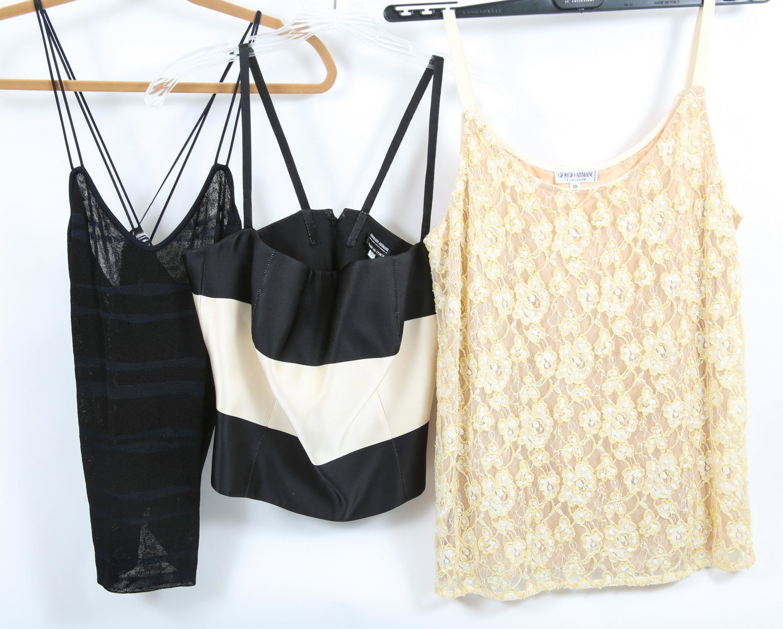 WOMEN'S GIORGIO ARMANI STRAPPY TANK TOPS - LOT OF 3: WOMEN'S GIORGIO ARMANI STRAPPY TANK TOPS - LOT OF 3 Giorgio Armani strappy tank top - black and white horizontal stripes; good condition, size and material tags are removed; neckline to hem 13.5", sid