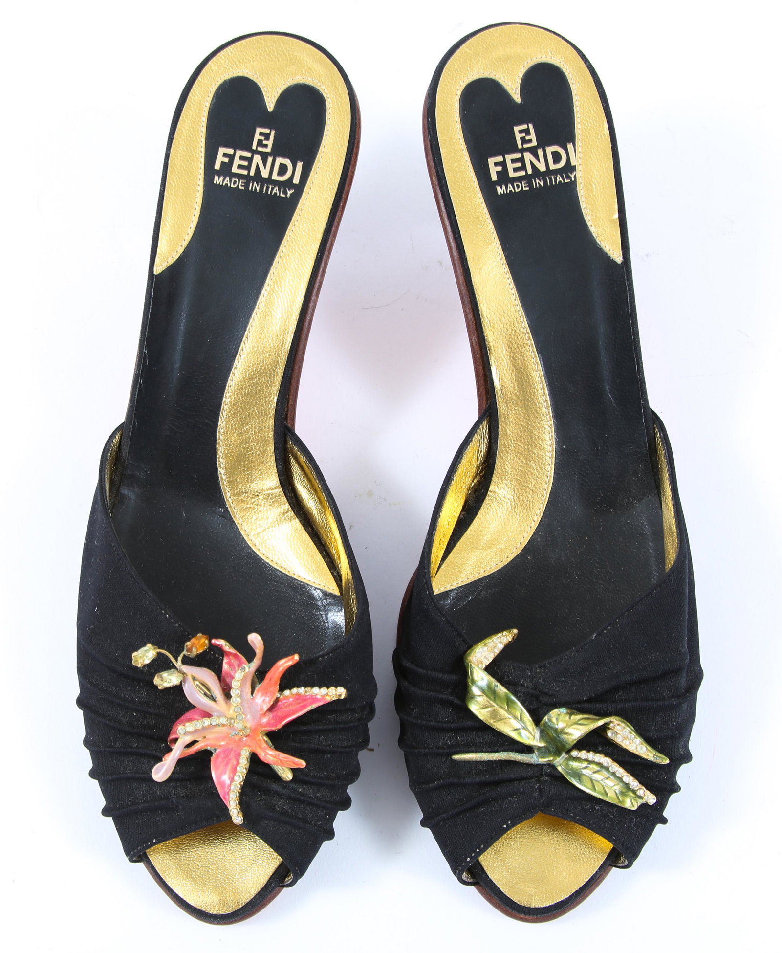 WOMEN'S FENDI PEEP TOE SANDALS WITH ENAMEL: WOMEN'S FENDI PEEP TOE SANDALS WITH ENAMEL Women's Fendi peep toe heeled sandals with enamel embellishments. Size: 38.5
