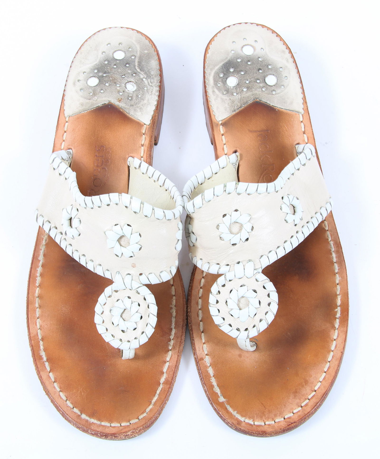 JACK ROGERS NANTUCKET LEATHER SANDALS - WHITE: JACK ROGERS NANTUCKET LEATHER SANDALS - WHITE Jack Rogers Nantucket whipstitch leather thong sandals in white. Size: 8 (size is not notated)