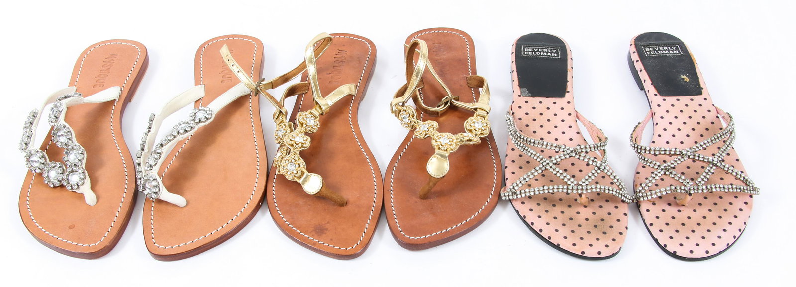 WOMEN'S RHINESTONE SANDALS - LOT OF 3 PAIRS: WOMEN'S RHINESTONE SANDALS - LOT OF 3 PAIRS Three pairs of women's sandals with rhinestone accents. Brands include: Beverly Feldman Mystique Size: 9