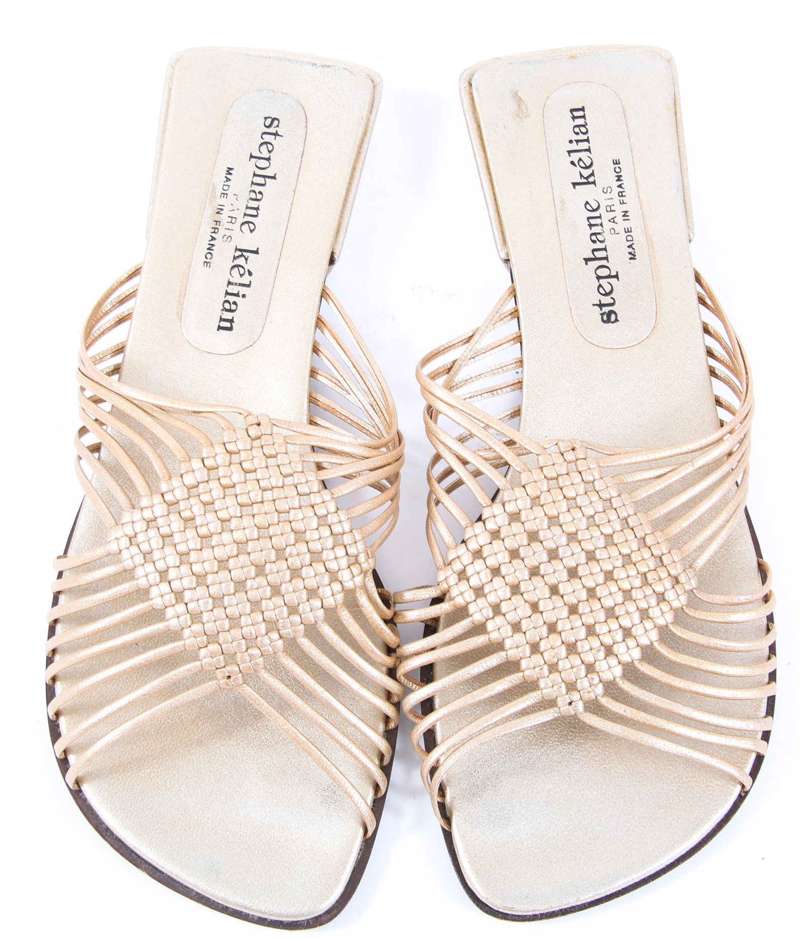 WOMEN'S STEPHANE KELIAN GOLD SLIDE SANDALS: WOMEN'S STEPHANE KELIAN GOLD SLIDE SANDALS Women's Stephane Kelian gold weave design sandal. Size: 5.5