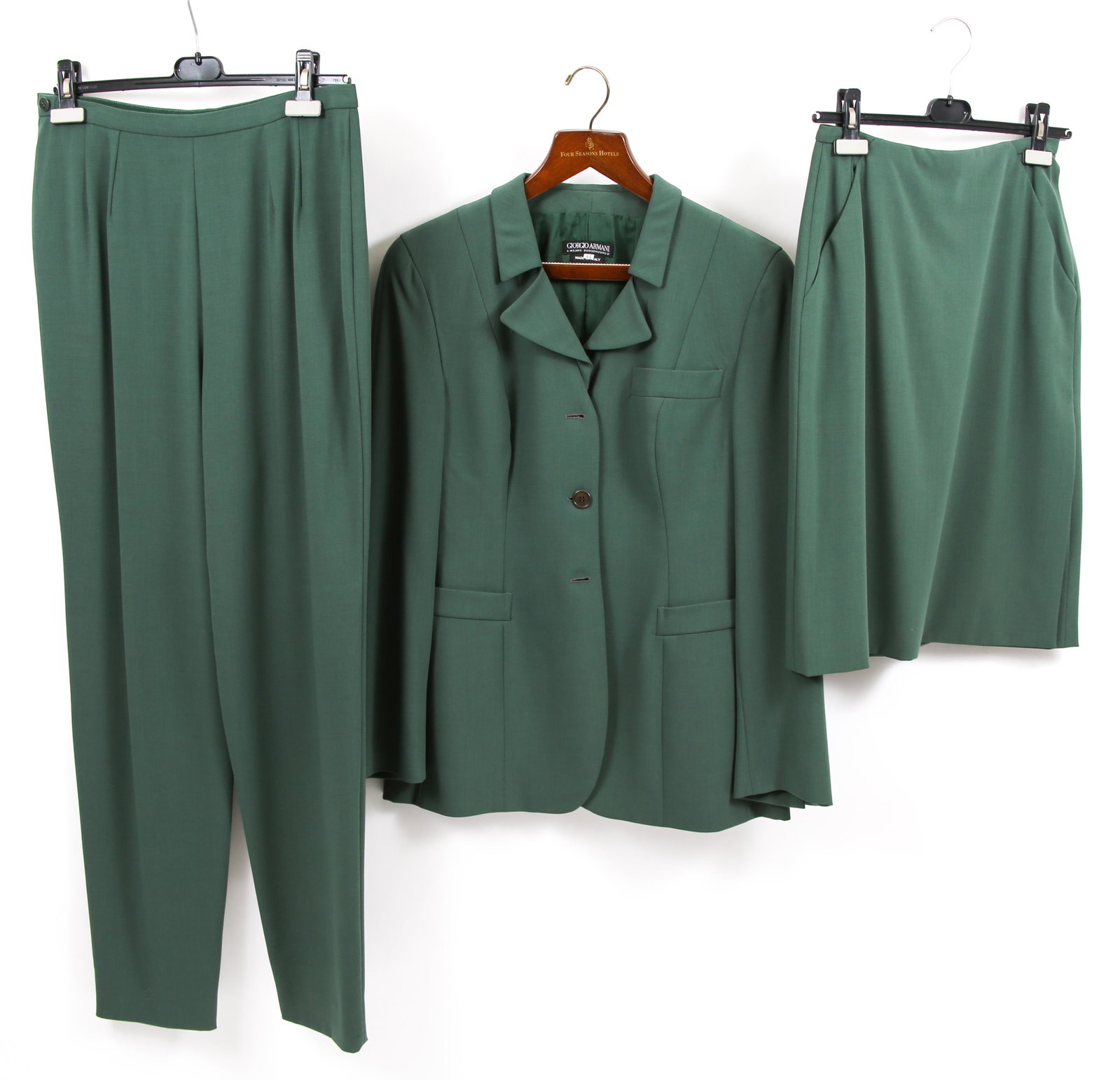 WOMEN'S GIORGIO ARMANI 3-PIECE SUIT - PANTS, SKIRT,: WOMEN'S GIORGIO ARMANI 3-PIECE SUIT - PANTS, SKIRT, BLAZER Giorgio Armani three piece, pure new wool suit with rayon lining - blazer, pants, skirt. Blazer's pockets are decorative only, pants have no 