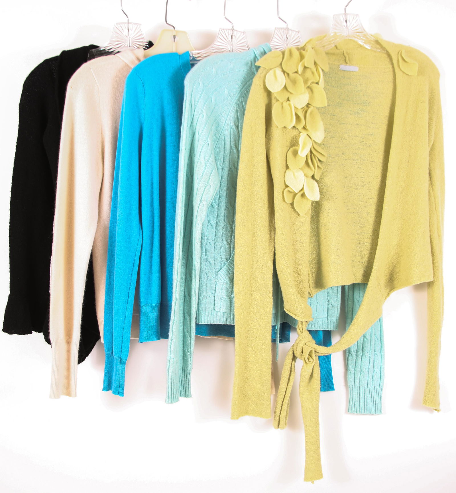 WOMEN'S CASHMERE SWEATERS - LOT OF 5: WOMEN'S CASHMERE SWEATERS - LOT OF 5 Women's cashmere sweaters, includes: Casmari black ruffled cardigan 13" shoulder to shoulder 21" collar to hem 92% cashmere, 8% lycra