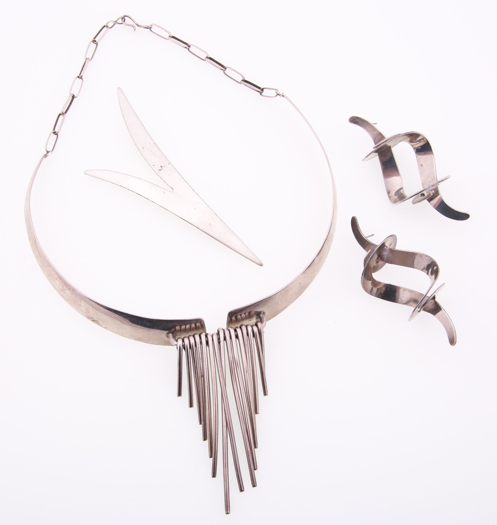 STERLING SILVER SIGNED JEWELRY PIECES - LOT OF 3: STERLING SILVER SIGNED JEWELRY PIECES - LOT OF 3 Sterling silver signed and artisanal jewelry, includes: Otto Robert Bade free-form brooch, signed ORB 16" choker with hanging adornments, signed SS Fre