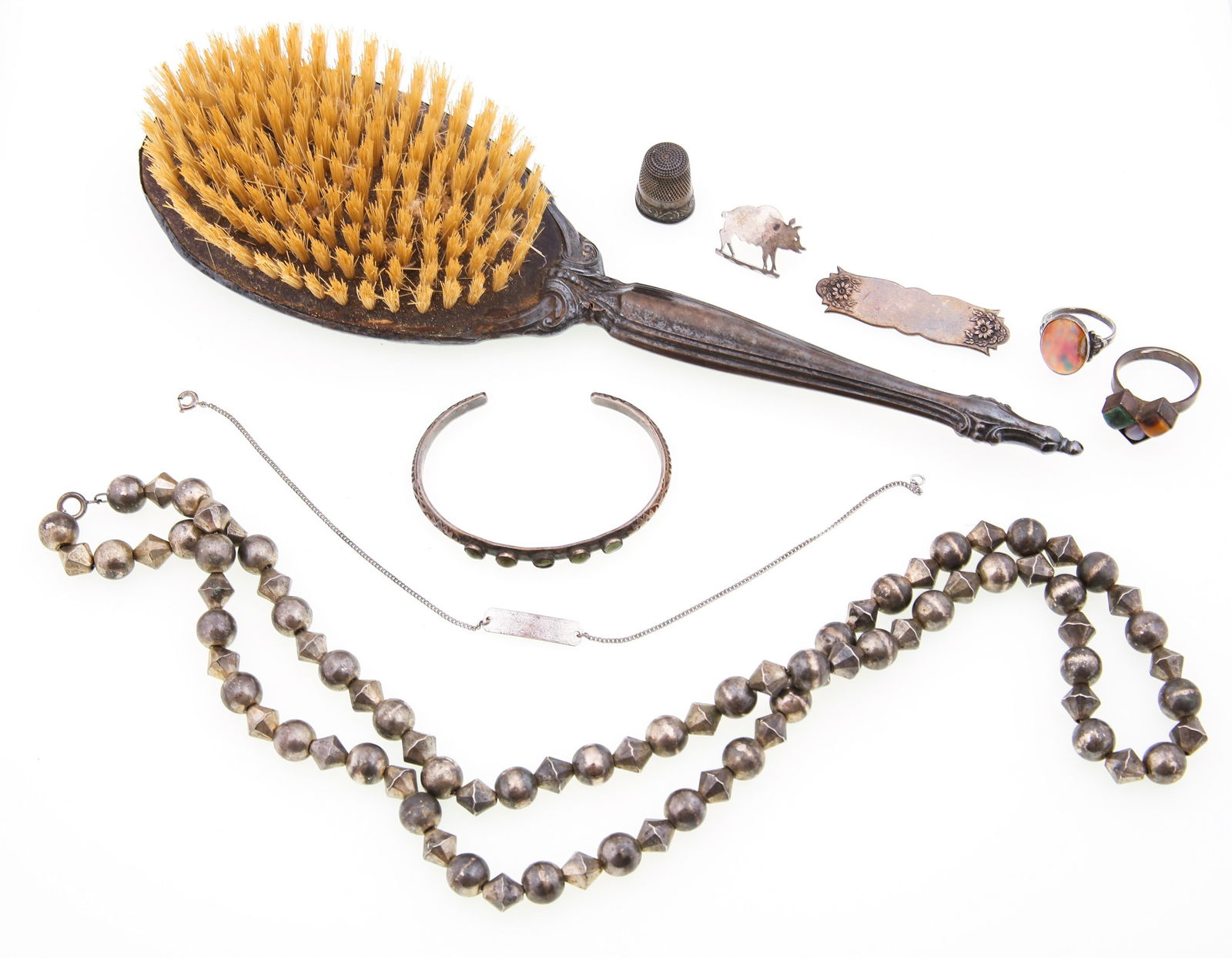 STERLING SILVER JEWELRY - BRACELETS, RINGS, NECKLACE: STERLING SILVER JEWELRY - BRACELETS, RINGS, NECKLACE Sterling silver jewelry, includes: Beaded necklace, on a chain - 28" Green turquoise cuff bracelet - 6.25" Anklet with blank plate - 9" Ring with