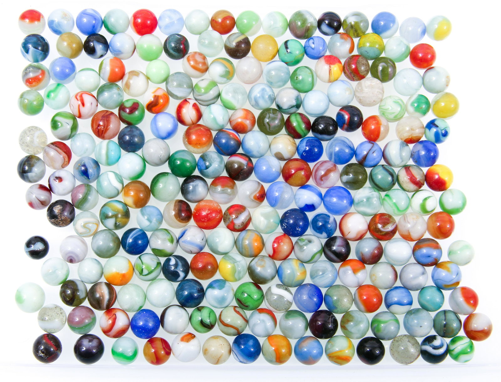 20TH C. SLAG MARBLES: 20TH C. SLAG MARBLES Lot of early to mid 20th century, multi-color slag marbles. In blue, green, orange, yellow, grey, and red. Size: 0.75" to 1" diameter