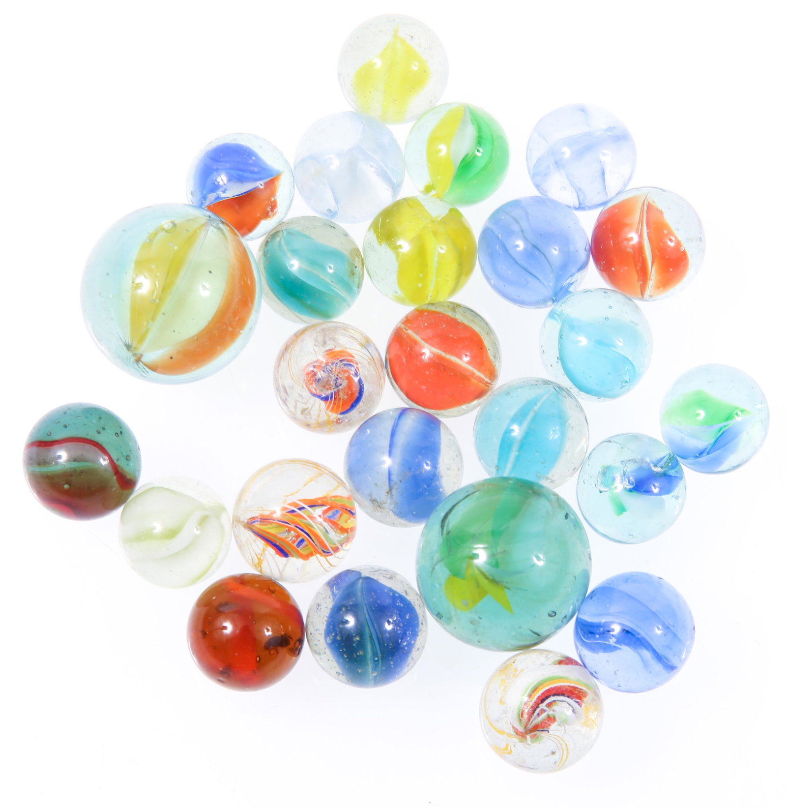 20TH C. SWIRL MARBLES: 20TH C. SWIRL MARBLES Lot of 20th century, multi-color, translucent swirl marbles. Size: 0.75" to 1" diameter