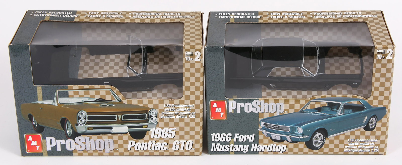 AMT PROSHOP 65 PONTIAC GTO & 66 FORD MUSTANG MODELS: AMT PROSHOP 1965 PONTIAC GTO & 1966 FORD MUSTANG HARDTOP MODEL KITS AMT ProShop Predecorated plastic model kits; black; 1:25 scale: 1965 Pontiac GTO; old new stock - still in box 1966 Ford Mustang Ha