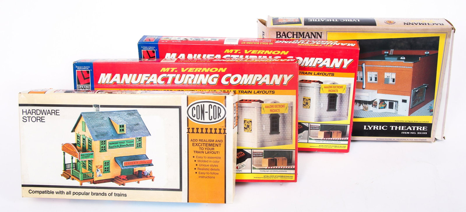BUILDINGS MODEL KITS - HO SCALE - LOT OF 4: BUILDINGS MODEL KITS - HO SCALE - LOT OF 4 Lot of 4 HO scale buildings model kits, including: Con-Cor hardware store model kit. Bachman Plus Lyric Theatre model kit. Two Life-Like Trains Mt. Vern