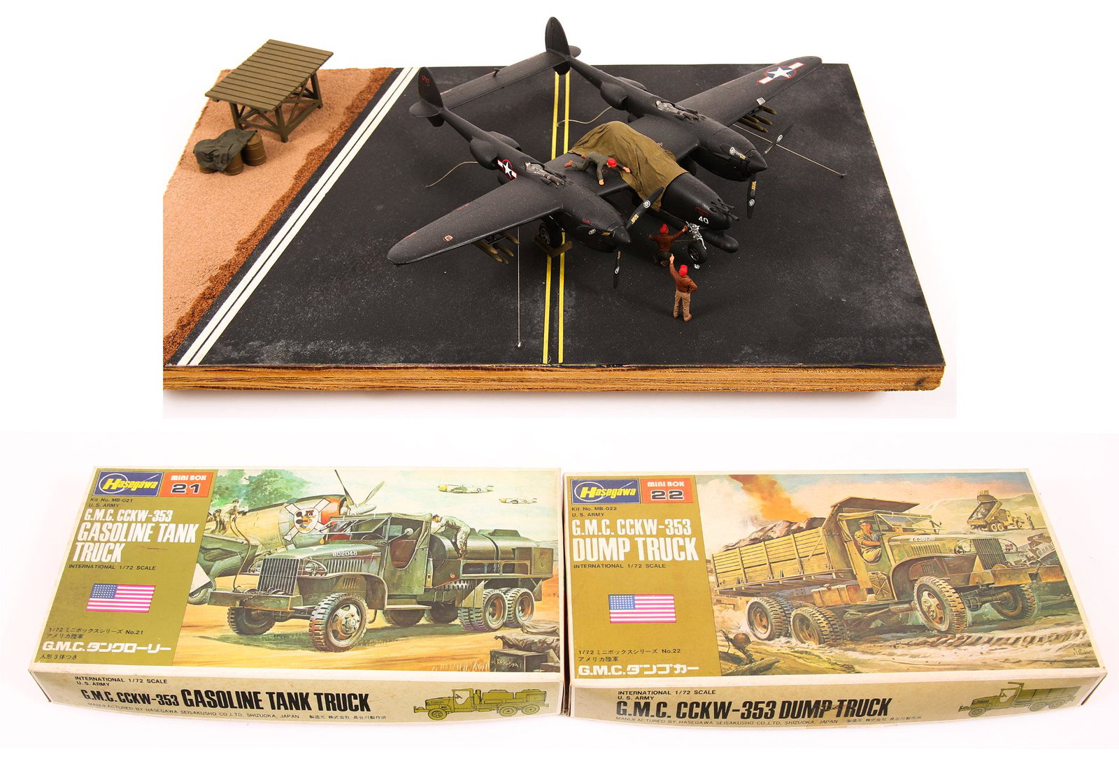 HASEGAWA MILITARY MODEL TRUCK KITS AND AIRPLANE SCENE: HASEGAWA MILITARY MODEL TRUCK KITS AND AIRPLANE SCENE HASEGAWA BOXES NOT VERIFIED FOR COMPLETENESS AND BOTH ARE 1:72 SCALE; AIRPLANE SCENE ALREADY BUILT. Hasegawa US Army GMC CCKW-353 Dump Truck Haseg