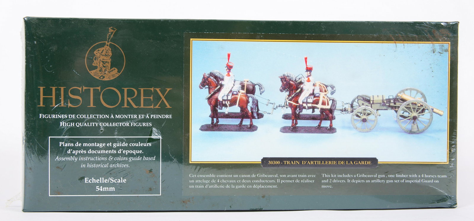 HISTOREX MODEL - GRIBEAUVAL GUN, 4 HORSES, 2 DRIVERS: HISTOREX MODEL KIT - GRIBEAUVAL GUN, 4 HORSES, 2 DRIVERS Historex collector figurines; 54mm scale; unopened; includes: 1 Gribeauval gun. 1 limber with 4 horses team. 2 drivers. Size: 54mm