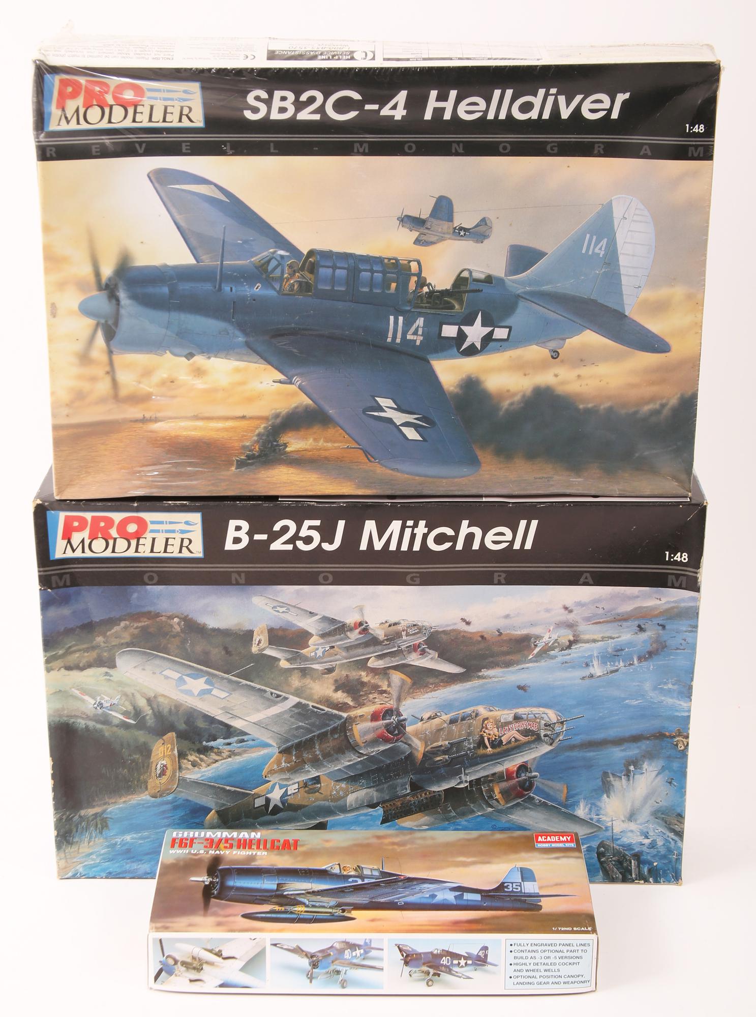 MILITARY MODEL AIRPLANE KITS - LOT OF 3: MILITARY MODEL AIRPLANE KITS - LOT OF 3 ALL ARE NEW OLD STOCK. ACADEMY: Grumman F6F-3/5 Hellcat; 1:72 scale ProMODELER REVELL-MONOGRAM: SB2C-4 Helldiver; 1:48 scale B-25J Mitchell; 1:48 sca