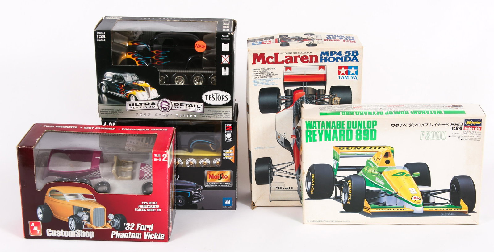 MODEL CAR KITS - LOT OF 5: MODEL CAR KITS - LOT OF 5 Maisto Chevrolet 3100 Pick-up (1950) new old stock black with blue and gold designs 1:25 scale Testors 1937 Ford Custom new old stock Ultra Det