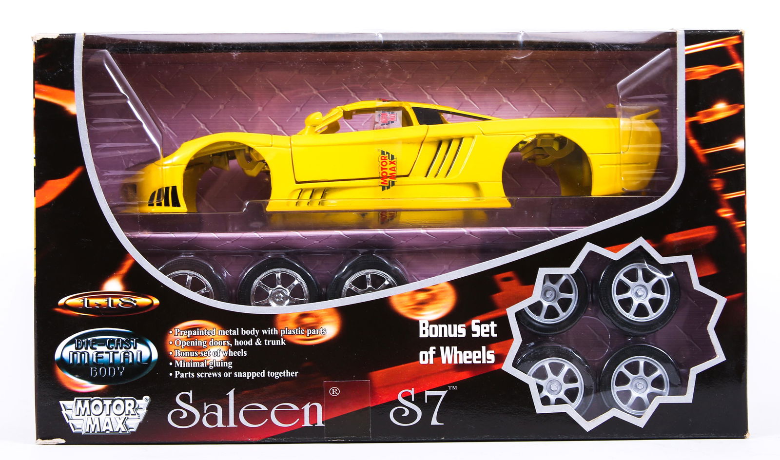 MOTOR MAX SALEEN S7 MODEL KIT - YELLOW - 1:18 SCALE: MOTOR MAX SALEEN S7 MODEL KIT - YELLOW - 1:18 SCALE Motor Max Saleen S7 model kit, includes: Yellow prepainted metal body with plastic parts. Bonus set of wheels. Original box; unopened. Scale: 1:1