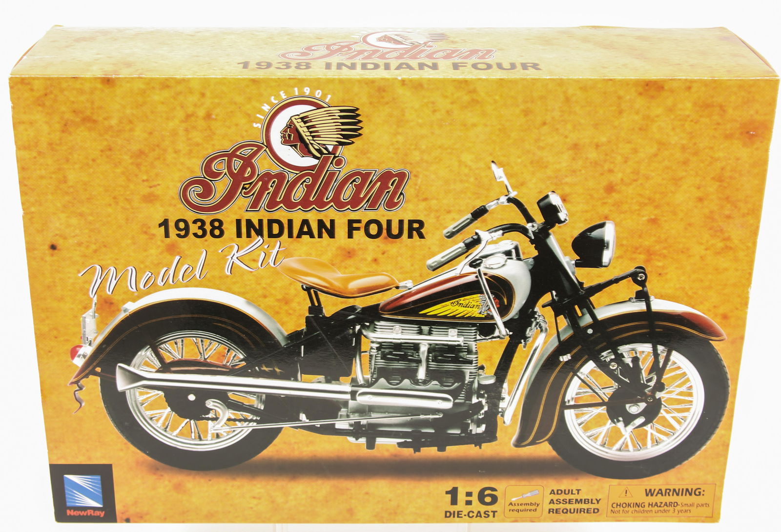 NEWRAY INDIAN MOTORCYCLE MODEL KIT: NEWRAY INDIAN MOTORCYCLE MODEL KIT 1939 Indian Four Model Kit Dark red with gold pinstriping and white accents 1:6 scale Scale: 1:6