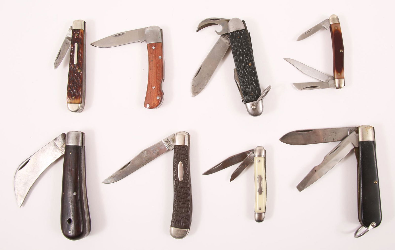 POCKET KNIVES - LOT OF 8: POCKET KNIVES - LOT OF 8 Camco Pocket Knife Black stag handle Three blades plus bottle opener 3.5" closed Stag Ireland Pocket Knife Brown stag handle Single blade 4" close
