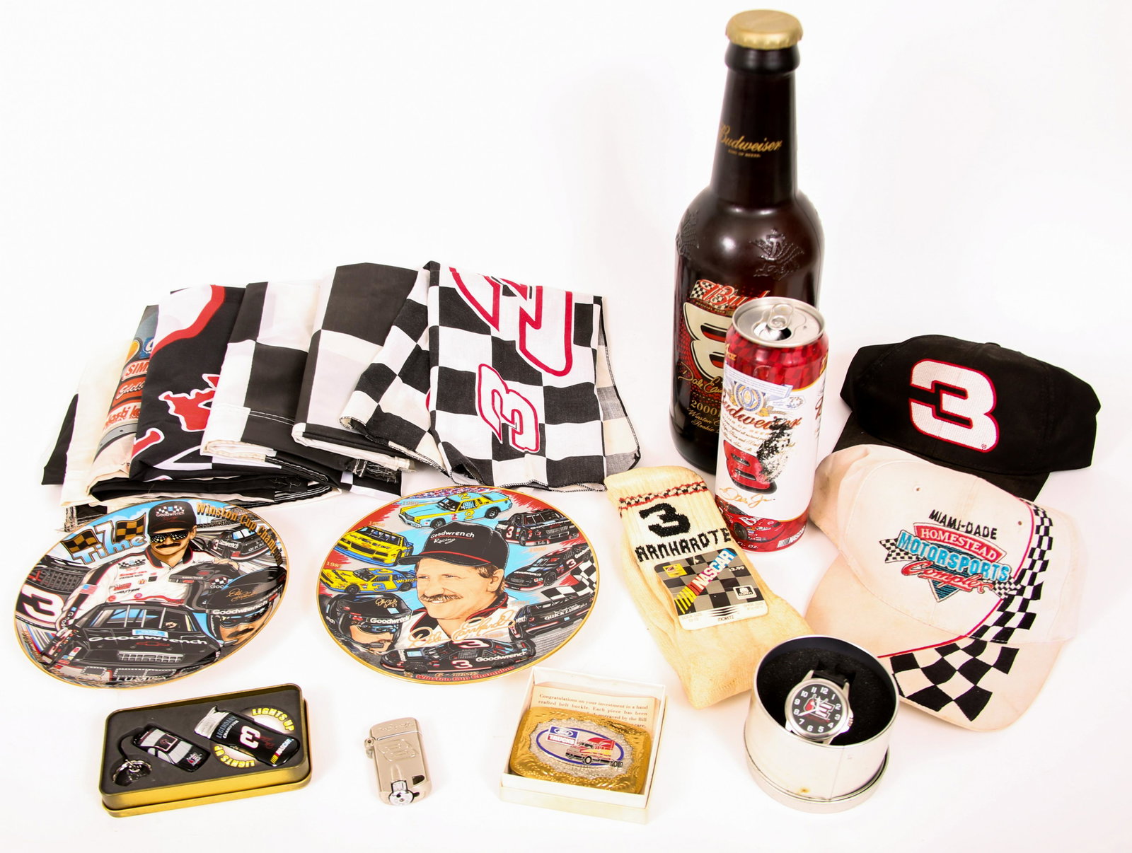 NASCAR EARNHARDT SOUVENIR COLLECTIBLES LOT: NASCAR EARNHARDT SOUVENIR COLLECTIBLES LOT Budweiser Dale Earnhardt Jr 14" Bottle; 2000 NASCAR Winston Cup Series Rookie Season Empty Budweiser Dale Earnhardt Jr beer can, 24 ounce size; can is dented