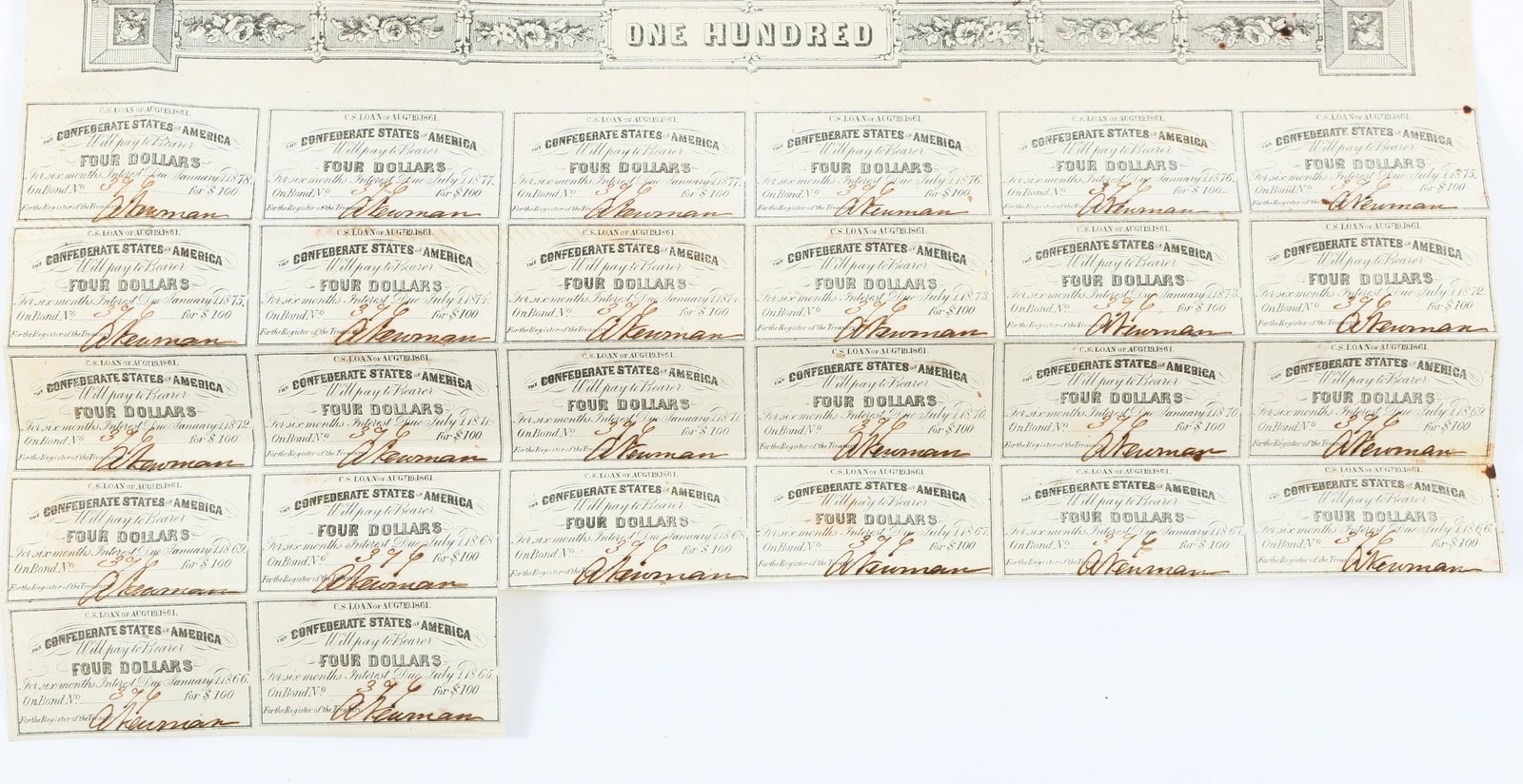 1878 $100 CONFEDERATE WAR BOND: 1878 $100 CONFEDERATE WAR BOND Confederate States of America $100 war bond, dated January 1, 1878.