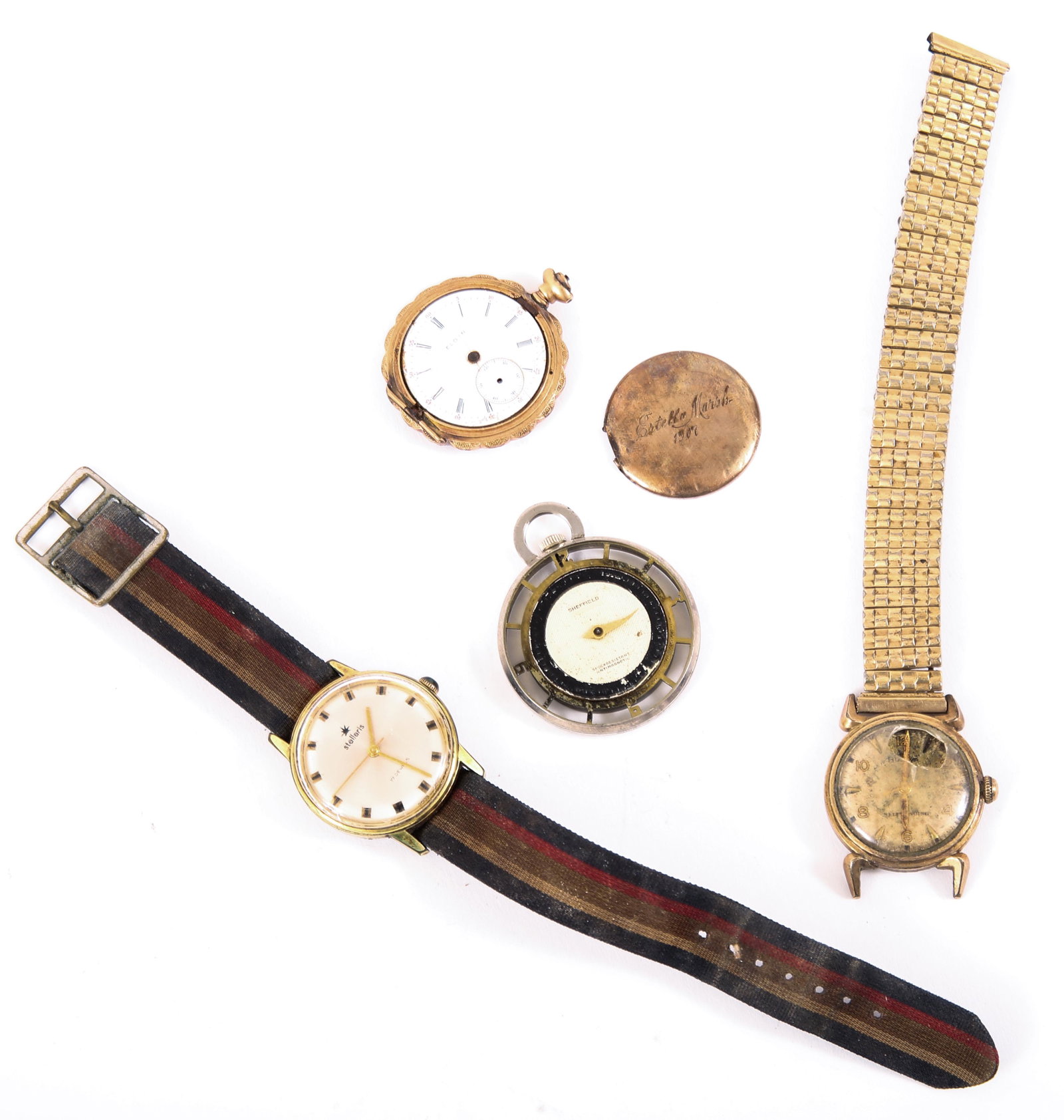 ESTATE WRISTWATCHES ELGIN POCKETWATCH - FOR PARTS: ESTATE WRISTWATCHES ELGIN POCKETWATCH - FOR PARTS To include Sheffield, Bulova, and Stellaris wristwatches, one Elgin pocketwatch. Weight: 138.2 grams Size: Varied