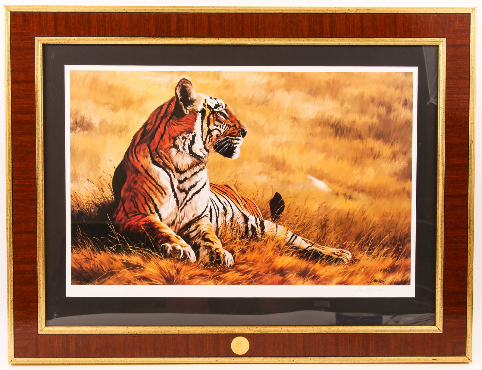 JIM DAWSON "SOVEREIGN OF THE PLAINS" LITHOGRAPH: JIM DAWSON "SOVEREIGN OF THE PLAINS" LITHOGRAPH Jim Dawson (Kenyan/English, Contemporary) lithograph titled "Sovereign of the Plains" of a tiger at rest is a hand signed certified first fine art print