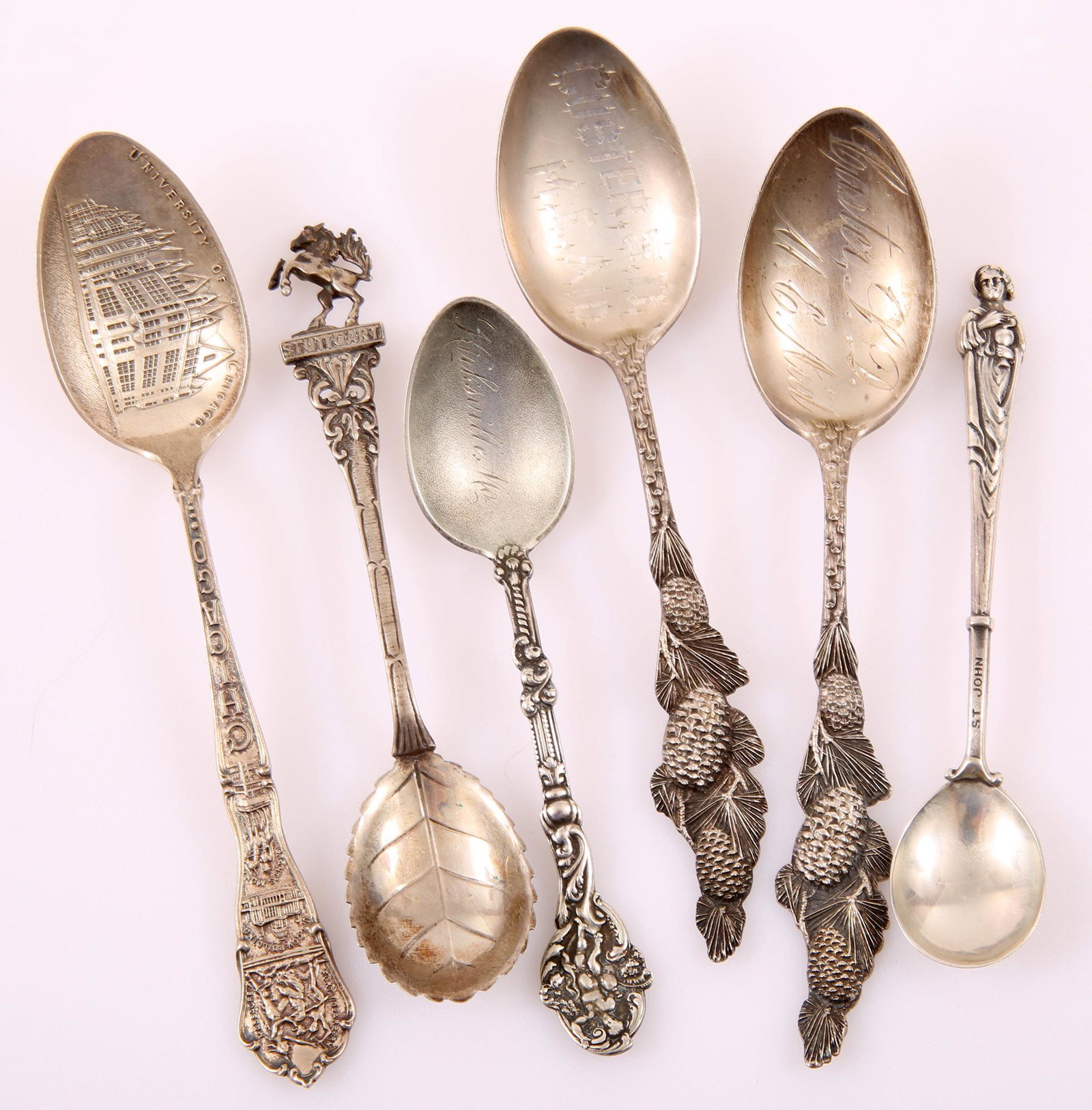 STERLING & COIN SILVER DEMITASSE SPOONS - LOT OF 6: STERLING & COIN SILVER DEMITASSE SPOONS - LOT OF 6 Lot of six silver demitasse souvenir spoons, includes (5) sterling silver spoons, and (1) .800 coin silver spoon. Hallmarks on underside. Weight: Ste