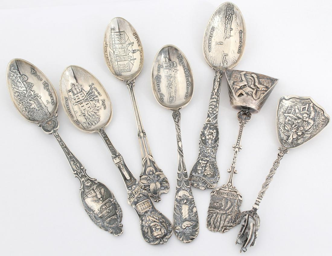 STERLING SILVER SOUVENIR SPOONS LOT OF SEVEN: STERLING SILVER SOUVENIR SPOONS LOT OF SEVEN Seven sterling silver souvenir spoons: Los Angeles Yosemite San Francisco Fort Mackinac, Michigan Doyle School, Flint MI Lincoln Home, Springfiel