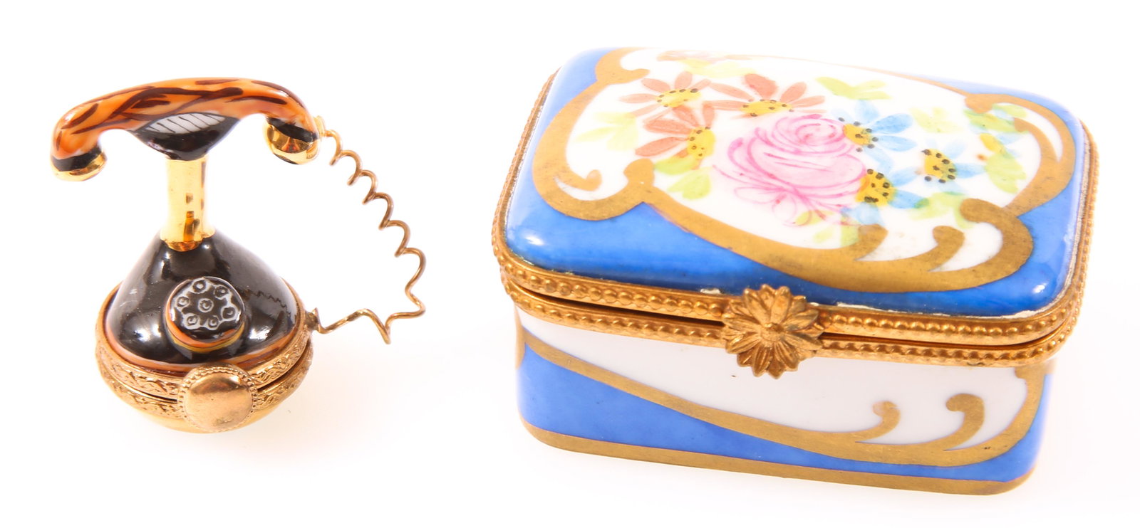 LIMOGES FRANCE PORCELAIN TRINKET BOXES - LOT OF 2: LIMOGES FRANCE PORCELAIN TRINKET BOXES - LOT OF 2 Lot of two miniature porcelain trinket boxes by Limoges, made in France. To include telephone and floral hand painted box. Size: 1" - 2.5"