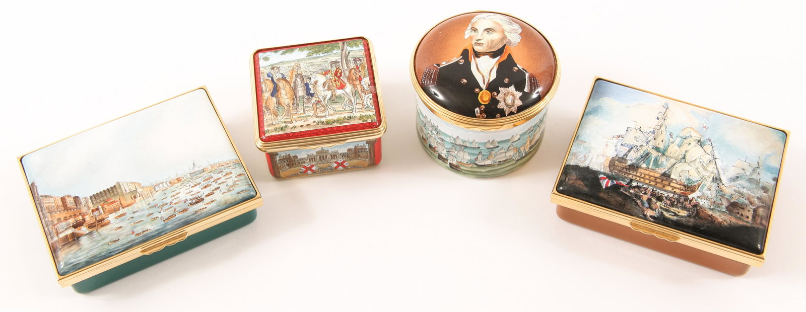 HALCYON DAYS LIMITED EDITION COMMEMORATIVE BOXES: HALCYON DAYS LIMITED EDITION COMMEMORATIVE BOXES Lot of 4 Halcyon Days Enamels limited edition commemorative boxes, including: Bicentenary of the death of Vice-Admiral Lord Nelson with portrait and cr