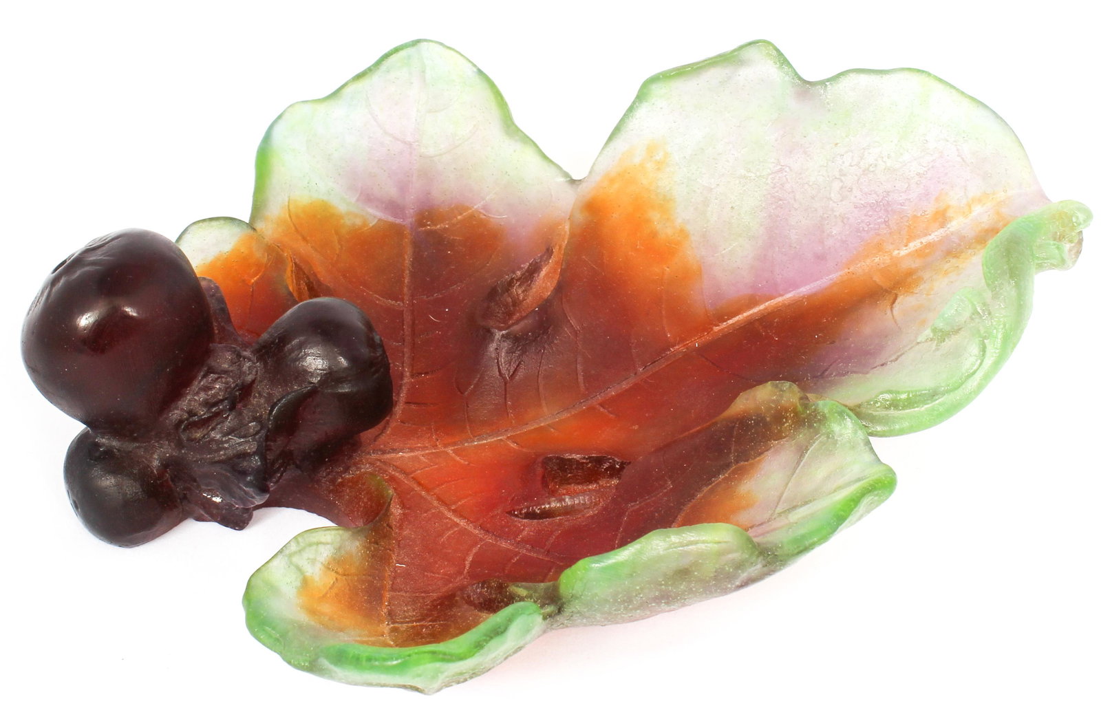 DAUM FRANCE PATE DE VERRE ART GLASS LIZARD DISH: DAUM FRANCE PATE DE VERRE ART GLASS LIZARD DISH Daum France pate de verre art glass dish of lizard on a fruiting fig leaf, signed "Daum France" on underside. Size: 8"